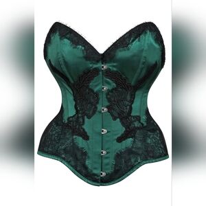 NWT Corset Story Green Satin Overbust Corset with Black Detailing.